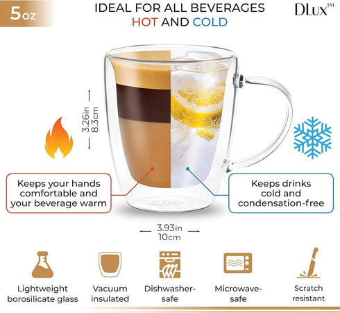 DLux Lungo 5.4oz Coffee Cups Double Wall, Clear Glass set of 2 Glasses with Handles, Insulated Borosilicate Glassware Tea Cup...