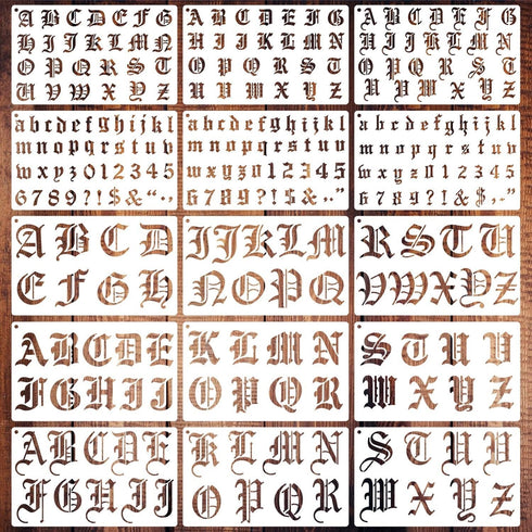 15 Pieces Old English Stencils 1 and 2 Inch Gothic Letter Stencils Templates, Calligraphy Stencils Reusable Alphabet Number Stencils for Painting ...