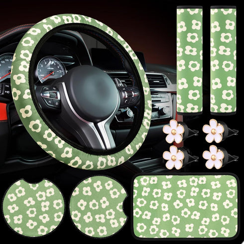 Frienda 10 Pcs Flowers Vintage Groovy Car Accessories Set Floral Steering Wheel Cover Flowers Car Air Vent Clips Center Console Armrest Cushion Ca...