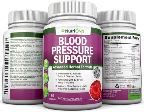 Blood Pressure Support Supplement - 13 Herbs & Vitamins - with Hawthorn, Hibiscus, Garlic & Olive Leaf Extract - Natural Supplement for Women & Me...