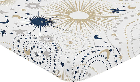 Sweet Jojo Designs Star and Moon Boy or Girl Fitted Mini Crib Sheet Baby Nursery for Portable Crib or Pack and Play - Navy Blue, Gold, and Grey Ce...