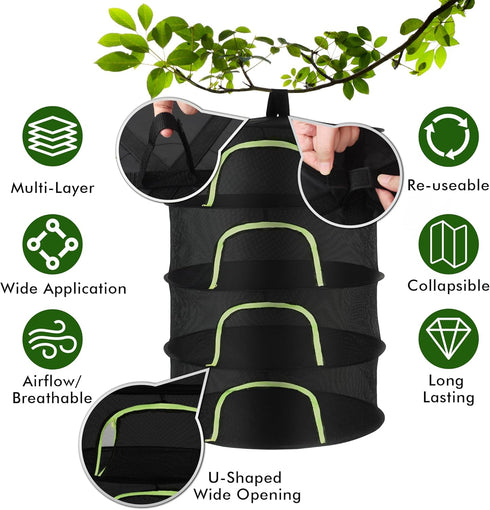 Herb Drying Rack Hanging Mesh 4 Layer 18" with Zipper, Garden Pruning Shear, Hook & Carabiner Clip for Drying Herbs, Plants, Seeds, Buds | Outdoor...