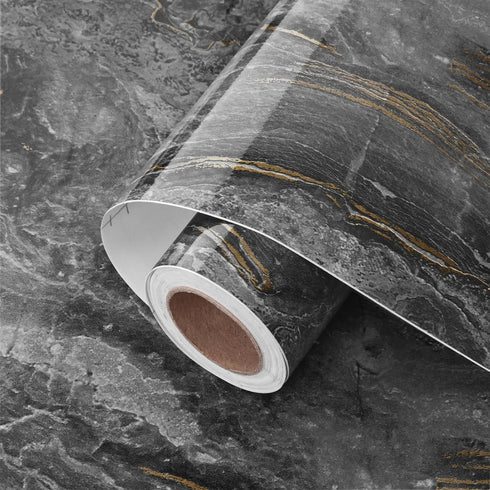 Black/Gold Marble Contact Paper for Countertops Slate Gold Marble Wallpaper Peel and Stick Glossy Waterproof Marble Wall Paper for Cabinets Shelf ...