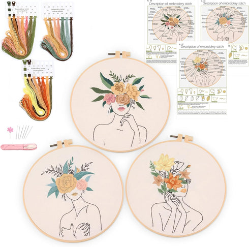 Harimau 3 in Beginner Embroidery Kit,Floral Plant Pattern,Cross Stitch Kits , Including Stamped Embroidery Cloth with 3 Embroidery Hoops, Color Th...