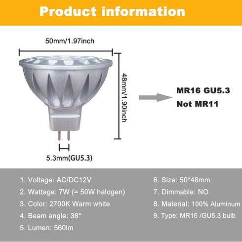ALIDE MR16 7W GU5.3 Led Bulbs Replace 50W-75W Halogen Equivalent,2700K Warm White,12V Low Voltage MR16 Bulb Spotlight for Outdoor Landscape Flood ...