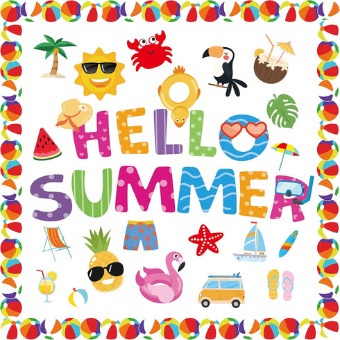 109Pcs Summer Cutouts Summer Bulletin Board Decorations Set Pool Beach Hawaiian Theme Cut Outs Ball Bulletin Board Border Summer Decorations for O...