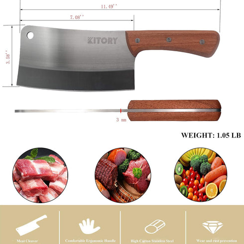 Kitory Meat Cleaver 7'' Heavy Duty Chopper Butcher Knife Bone Cutter Chinese Kitchen Chef’s Chopping Knife for Meat, Bone- Full Tang 7CR17MOV High...