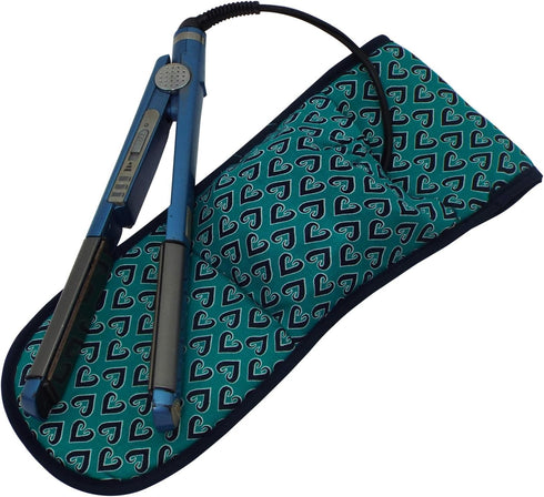 Heat-resistant Flat Iron Cover- Set of 2 - Teal with Navy Blue Hearts...