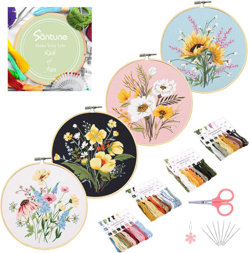 Santune 4 Pack Flower Embroidery Kit for Beginners Adults Cross Stitch Kits for Beginners Hand Embroidery with Plant Patterns and Instructions DIY...