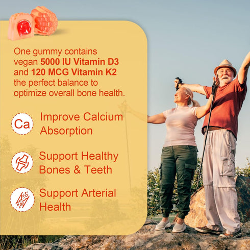 Vitamin D3 5000IU + K2 (MK-7) 120mcg, Sugar-Free Vitamin D3 K2 Filled Gummies with Vitamin B Complex - Methyl B12, B9, B6 | Vitamin E & Zinc, MCT ...