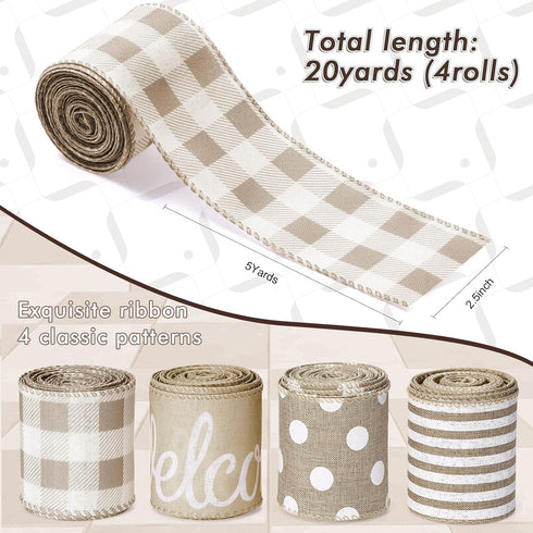 20 Yards Farmhouse Ribbon 4 Rolls Wired Ribbon Welcome Stripe Dot Buffalo Plaid Ribbon Wired Rustic Polyester Ribbon for Summer Wreaths Assorted D...