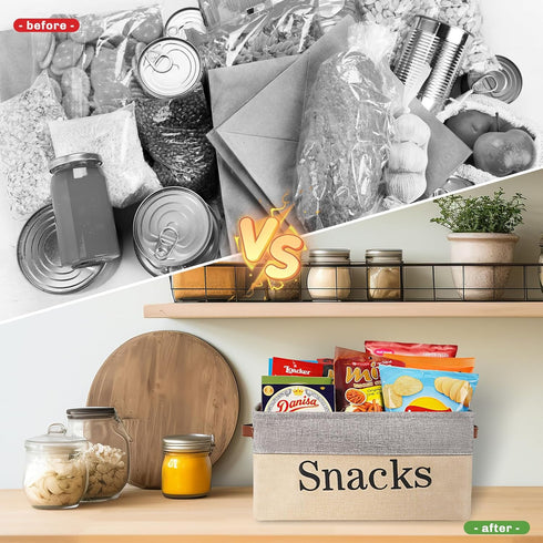 Snack Organizer for Countertop, Snack Storage Containers for Pantry with 10 Chip Clips, Burlap Snack Basket Organizer and Snack Bin for Kitchen Or...