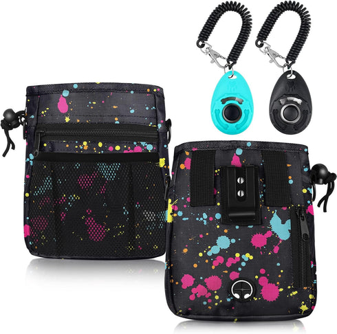 Dog Clicker Training Kit, 1 Dog Treat Training Pouch and 2 Pieces Pet Training Clicker with Wrist Strap, Built in Poop Bag Dispenser Easily Carryi...