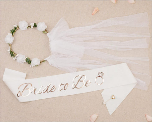 PapaKit Premium Bride to Be Party Sash, Floral Veil & Jewelry Pin Set, Glitter Sparkling Pearl White | Bachelorette Bridal Shower Engagement Weddi...