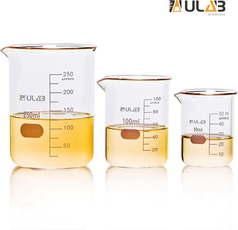 ULAB Scientific Glass Beaker Set, 3 Sizes 50ml 100ml 250ml, 3.3 Boro Griffin Low Form with Printed Graduation, UBG1001...