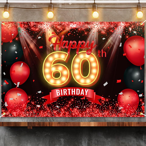 Happy 60th Birthday Banner Backdrop Red and Black 60 Years Old Background Bday Decorations for Women Men Photography Party Supplies Glitter...