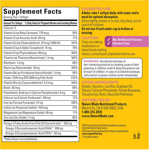 Nature Made Prenatal with Folic Acid + DHA, Prenatal Vitamin and Mineral Supplement for Daily Nutritional Support, 110 Softgels, 110 Day Supply...