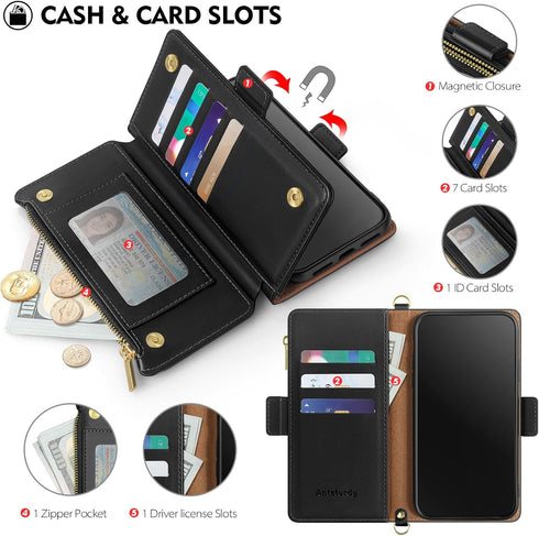 Antsturdy Compatible with iPhone 15 Pro Max Wallet Case for Women?RFID Blocking?,PU Leather Apple 15 Pro Max Crossbody Phone Case Zipper Wrist Str...