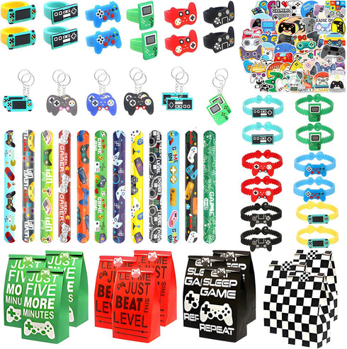 110 Pcs Video Game Party Favors, Gamer party Favors - 12 sets of Gaming Birthday Goodie Bags Included Gift Bags, Game Keychain, Slap Bracelet, Sti...