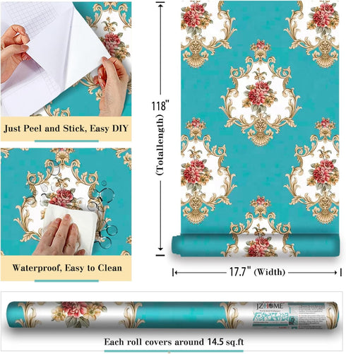 5482 Luxury Damask Peel and Stick Wallpaper 17.7"× 9.8ft Cyan Peony Floral Self Adhesive Contact Paper Removable Damask Furniture Decorative Paper...