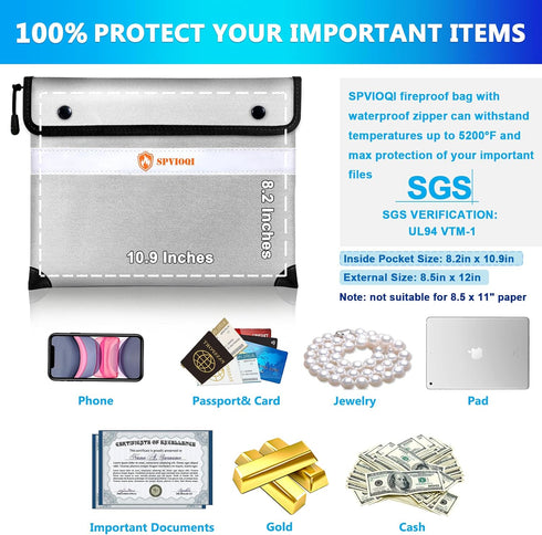Upgraded 5200°F Fireproof Document Bag with Heat Insulated, Water Fire Proof Bag with Zipper,8 Layers of Functional Materials and Reflective Strip...