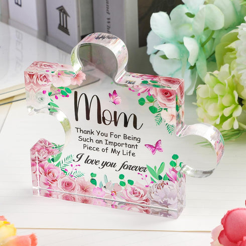 Acrylic Plaque Gifts for Mom Birthday Gift from Daughter Puzzle Shape Plague Sign Pink Flower Mom Acrylic Keepsake for Mom Birthday Thanksgiving C...