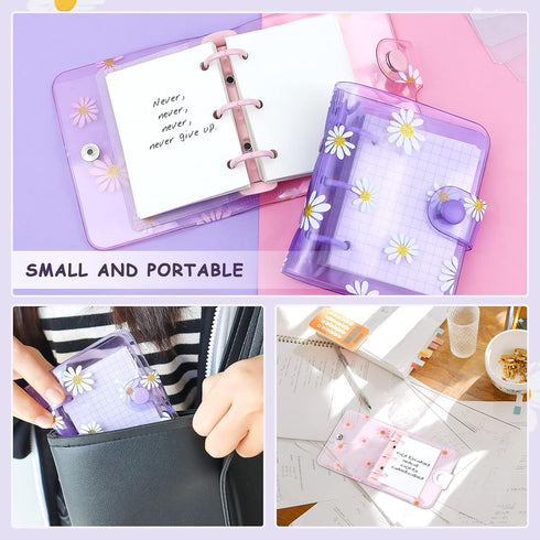 2 Sets Mini Transparent 3 Ring Binder Covers with Daisy Pattern Binder Inner Paper and Pockets Clear Soft PVC Notebook Loose Leaf Binder with Snap...