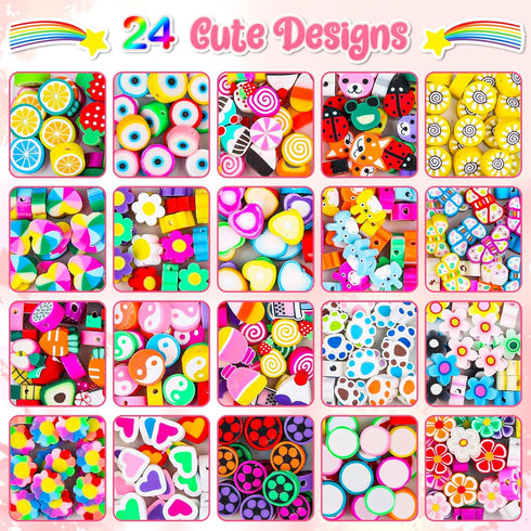 Thrilez 480 Pcs Fruit Flower Polymer Clay Beads, 24 Styles Clay Bead Charms for Bracelets Making, Jewelry Making, Necklace and Earring with Elasti...