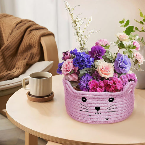 2 PCS Small Woven Basket Cat Ear Basket, Animal Cotton Rope Storage Basket with Cat Ears, Round Decorative Storage Baskets Cute Cotton Rope Cat Ba...