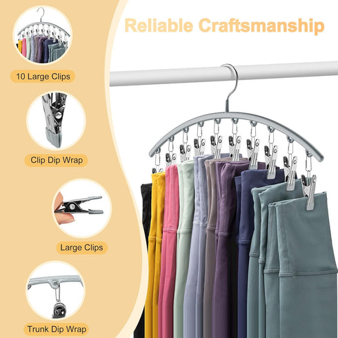 Legging Organizer for Closet, Metal Yoga Pants Hanger w/Rubber Coated 2 Pack w/10 Clips Hold 20 Leggings, Hangers Space Saving Hanging Closet Orga...