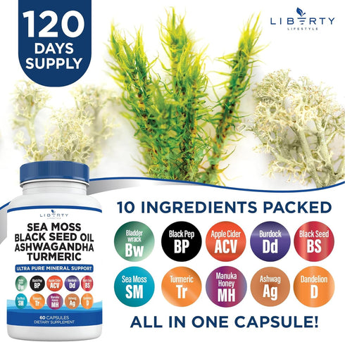Sea Moss 3000mg Black Seed Oil 2000mg Ashwagandha1000mg Burdock 1000mg Root Mineral Support (120)...