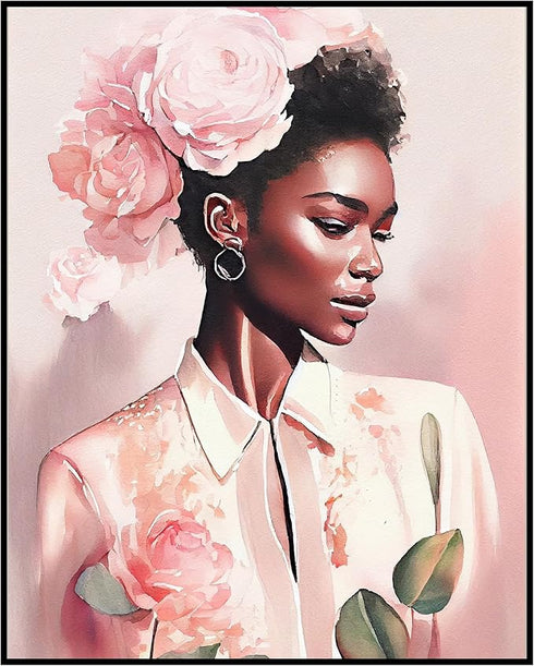 Posterizer 1 pcs-beautiful black woman with flower accessories-Watercolor Art-Afro-American Art Collection-Gift for Women, Fashionistas, Designer ...