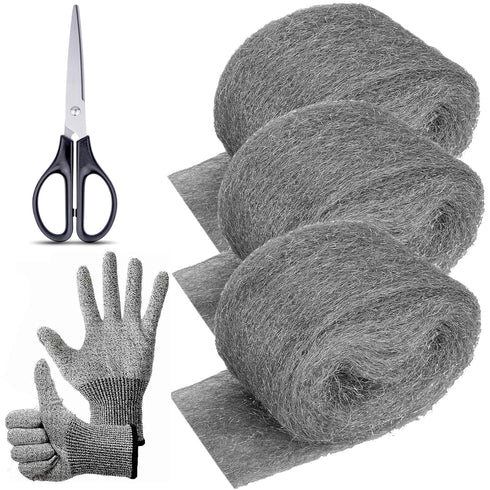 3 Pack Steel Wool Mice Control 3.2"x10.5Ft Hole Filler, for Home & Garage, DIY Bundle with Gloves & Scissors...
