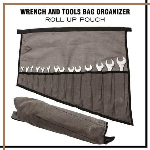Wrench Pouch 14 Pockets Metric & Standard Wrench Organizer & Roll Up Pouch Hand Made 100% Dyed Cotton Duck Canvas Tool Bag - Washed Black/Grey...