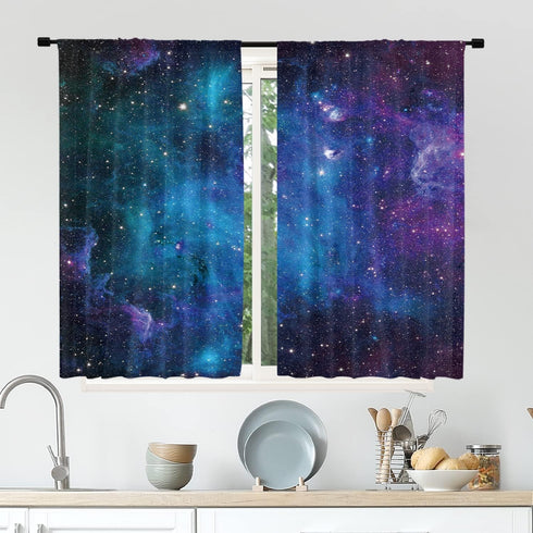Cinbloo Galaxy Kitchen Curtains Out Space Wall Art Rod Pocket 27.5W x 39L Inch Blue Nebula Universe Room Decor Starry Star Fantasy Night Sky Print...