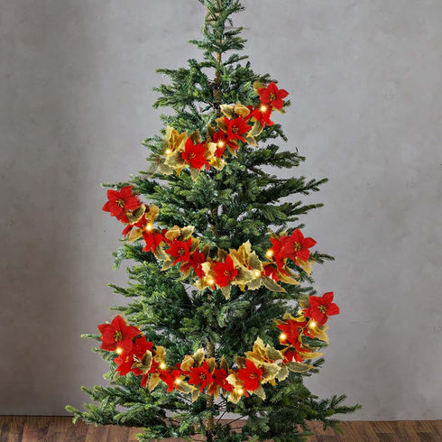 Glintoper Christmas Poinsettia Garland, 5.9 FT Lighted Artificial Garlands with 36 Red Flowers, Battery Operated with Timer Poinsettia String Ligh...