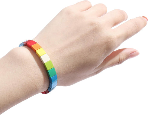 LENOOCLE Rainbow Enamel Tile Bracelet Colorful Enameled Beaded Stretch Bracelet Stackable Color-Block Strand Bracelet Set for Women Men...