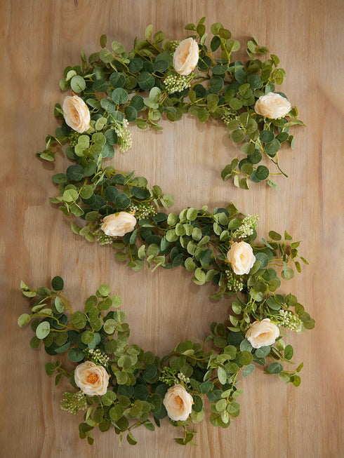 PARTY JOY 6.56ft Eucalyptus Garland with Flowers-8 Champagne Roses-Lush,Natural Looking, Floral Garland Greenery for Party Wedding Table Indoor Ou...