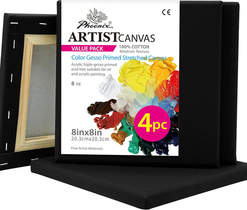 PHOENIX Black Stretched Canvas, 8x8 Inch/4 Pack - 3/4 Inch Profile, 8 Oz Quadruple Gesso Primed 100% Cotton Blank Black Canvases for Acrylic, Oil,...