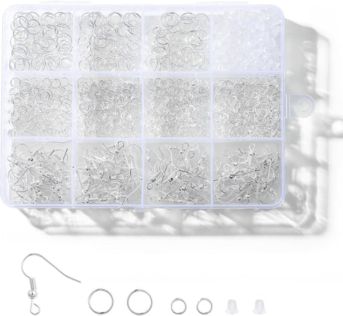 Silver Earring Hooks, 890 Pcs Earring Making Supplies Kit with Hypoallergenic Ear Wires Hooks, Open Jump Rings and Earring Backs for Jewelry Makin...