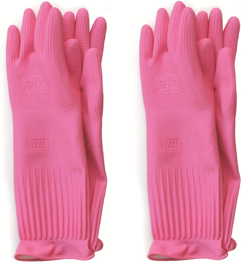 (2 Pairs Reusable Waterproof Household Dishwashing Non-Slip Cleaning Latex Rubber Kitchen Gloves (Pink, XX-Large)...