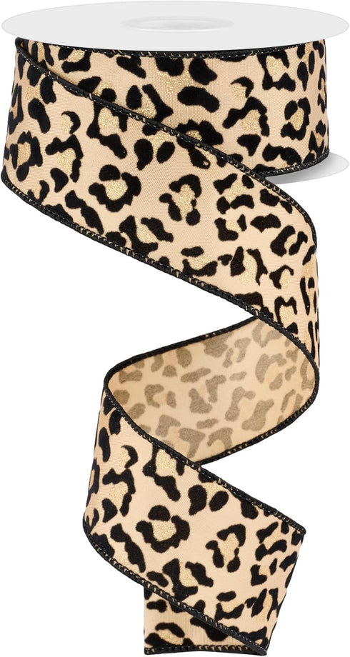 Woven Leopard Print Wired Edge Ribbon, 1.5" x 10 Yards (Beige, Gold, Black)...