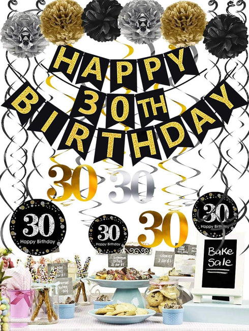 Black & Gold Glittery Happy 30th Birthday Banner,Poms,Sparkling 30 Hanging Swirls Kit for 30th Birthday Party 30th Anniversary Decorations Supplie...