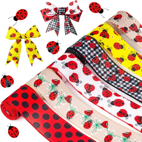 Ladybug Ribbon Wired 6 Rolls Red Ladybugs Ribbon Polka Dot Wired Edge Ribbon 2.5 Inch 40 Yards Spring Summer Wired Ribbon DIY Craft Ribbon for Wra...