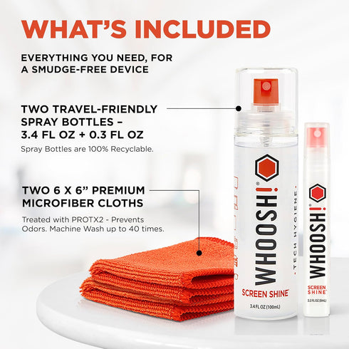 WHOOSH! Screen Shine Duo - Screen Cleaner Spray for iPad, Monitor, Laptop, MacBook - 3.4 oz & 0.3 oz Bottles with 2 Microfiber Cloths - Portable E...