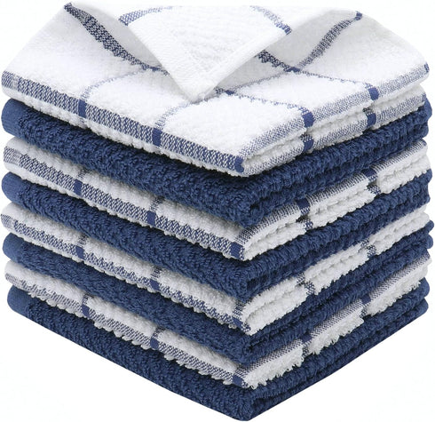 Cotton Grid Dish Cloths, Terry Cleaning Rags, 12 x 12 Inches, Light and Soft, Quick Drying Dish Rags, 8pc/Set (Blue Multi)...
