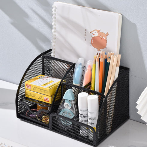 Black Mesh Pen Holder and Organizer Office Supplies with 7 Compartments, Desktop Organizer with Drawer, Metal Pen Holder for Desk, ?9.1" x 5.9" x ...