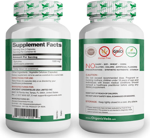 Organic Veda - Spirulina Capsules, Made with Blue Green Algae, Natural Spirulina Green Superfood Capsules, Supports Immune System, 120 Veggie Caps...