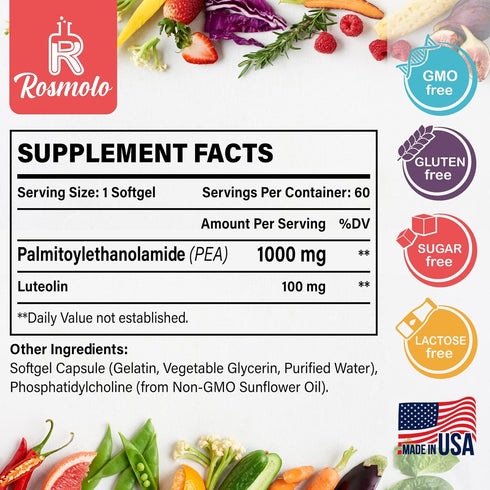 Liposomal Palmitoylethanolamide 1000 mg + Luteolin 100 mg, Micronized Pea 99% Highly Purified - Enhanced Absorption and Bioavailability, 60 Softge...