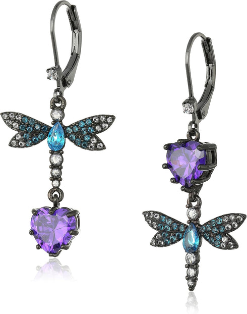 Betsey Johnson CZ & Butterfly Double Mismatch Drop Earring...